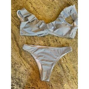 Green White Striped Ruffle Two Piece Bikini Set Swimsuit Medium